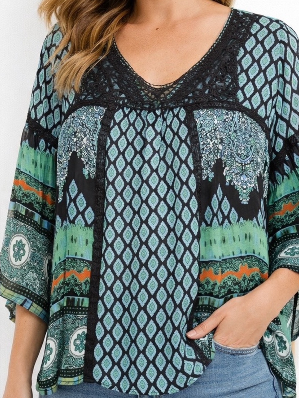 Bila Teal & Green Printed V-Neck Tunic with Black Trim